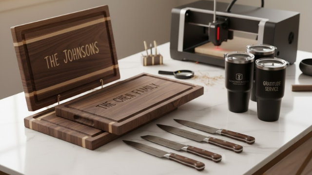 Engraved cutting boards, knives, and tumblers on a table beside a laser engraver