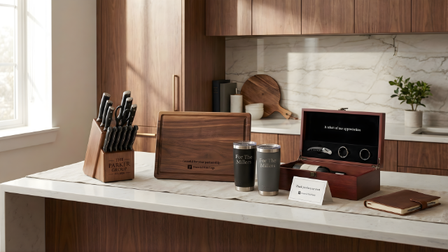 Modern kitchen counter with engraved knives, a wooden cutting board, tumblers, and a wine tool gift box.