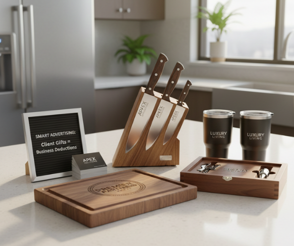 Branded client gifts on a kitchen counter, including engraved knives, a cutting board, tumblers, and a wine tool set.