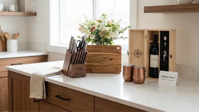 Modern kitchen countertop with engraved knives, a wooden cutting board, a wine gift box, and a “Welcome Home” card.