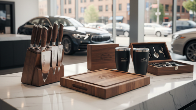 Premium branded gift set displayed on a countertop in a modern car dealership showroom.