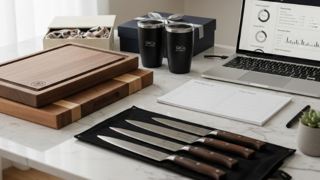 A marble workspace with cutting boards, kitchen knives, gift tumblers, and a laptop displaying charts.